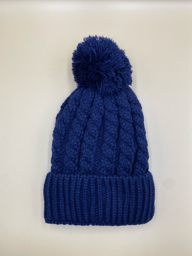 Kids Pom-Pom Cable Knit Beanie - Navy